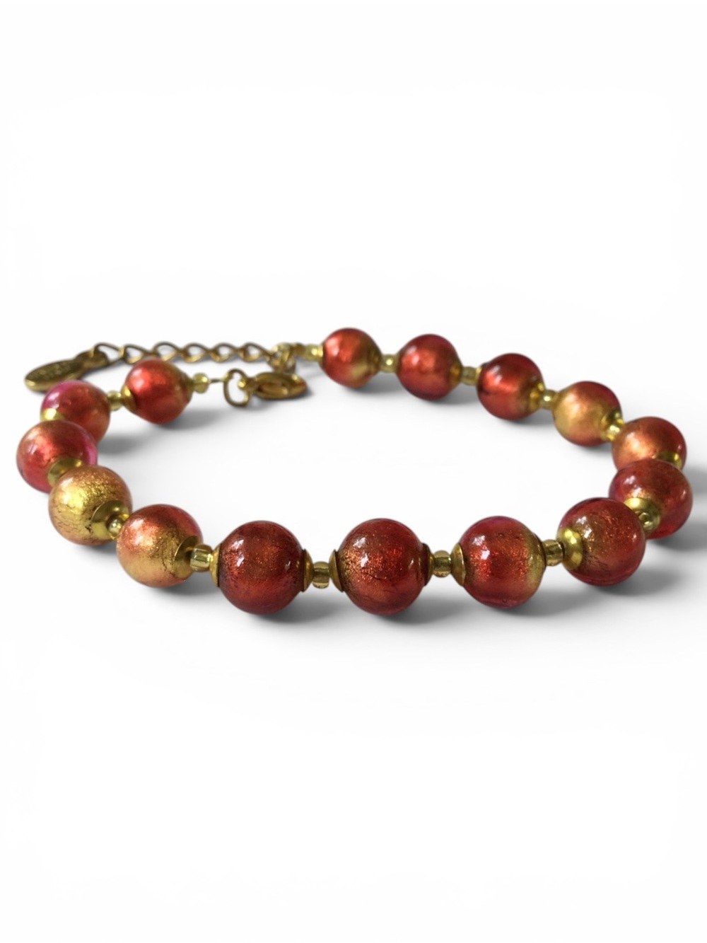 Rare Murano Glass Ombré Red-Orange Beaded Bracelet, Gold-Tone, Made in Italy - Picture 6 of 12